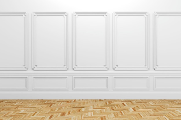 Foto render 3d de interior clásico blanco con piso de madera