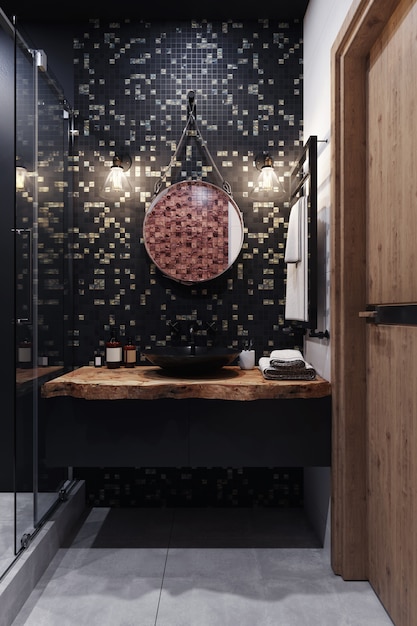 Render 3D. Interior de un moderno cuarto de baño con un mosaico de colores negro y gris en la pared.