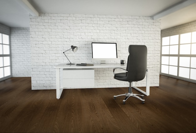 Foto render 3d del interior de la oficina moderna con piso de madera marrón y grandes ventanales