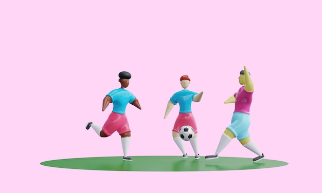 render 3d Jugadores de fútbol con diferentes colores de piel y nacionalidades patean la pelota en el campo Juego de fútbol