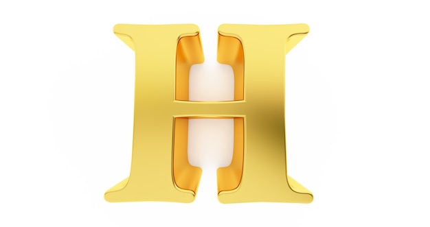 Render 3D de la letra H en metal dorado aislado en un fondo blanco.