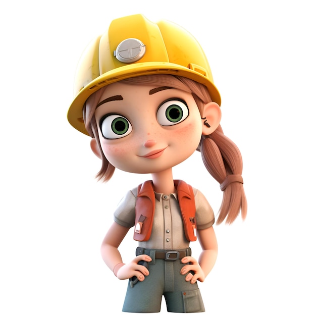 Render 3D de una linda chica en un traje de trabajador de la construcción