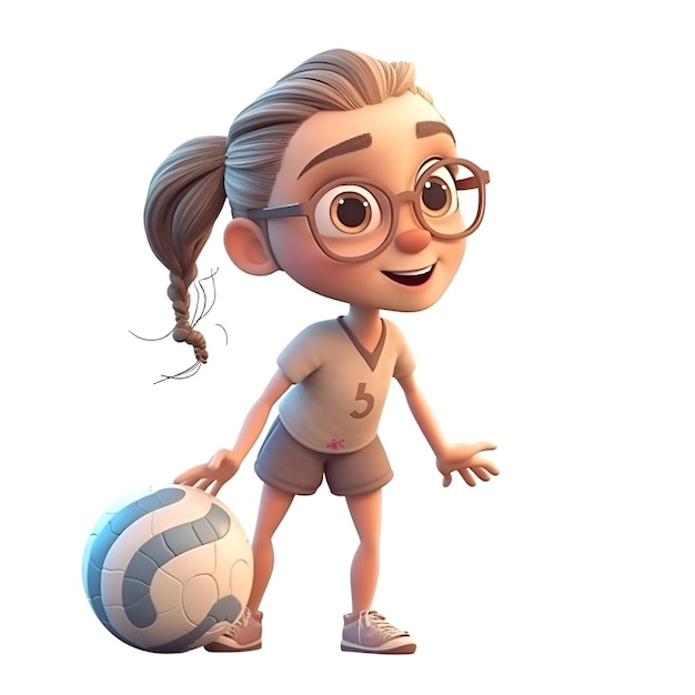 Render 3D de una linda niña con un balón de fútbol