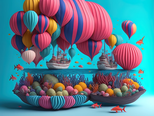 Render 3D de un lindo barco con globos de colores