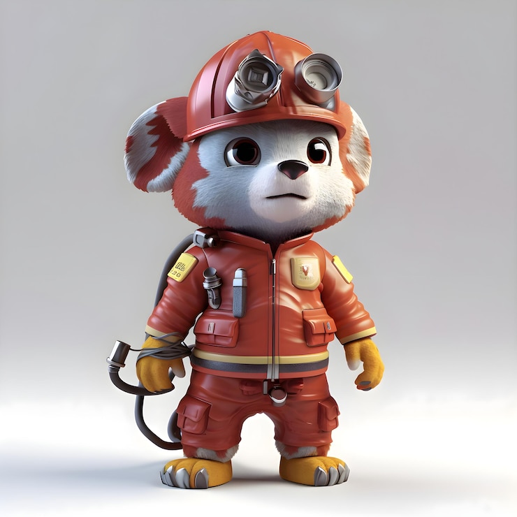 Foto render 3d de un lindo cachorro en un disfraz de bombero