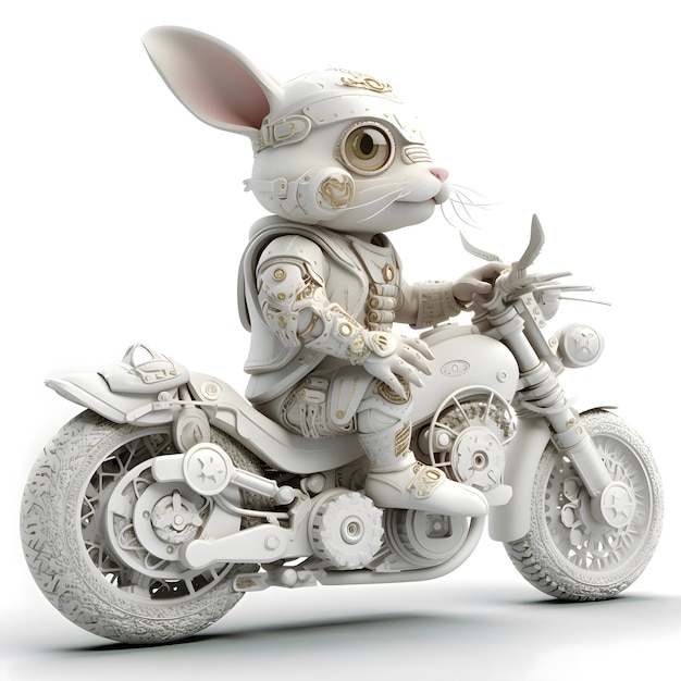 Render 3D de un lindo conejito en una motocicleta