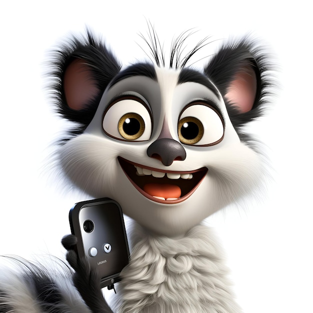 Render 3D de un lindo oso panda con un teléfono móvil