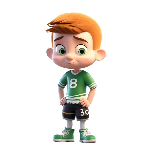 Render 3D de Little Boy con camiseta y zapatos de fútbol