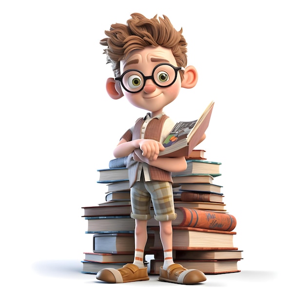 Render 3d de Little Boy con libro sobre la pila de libros