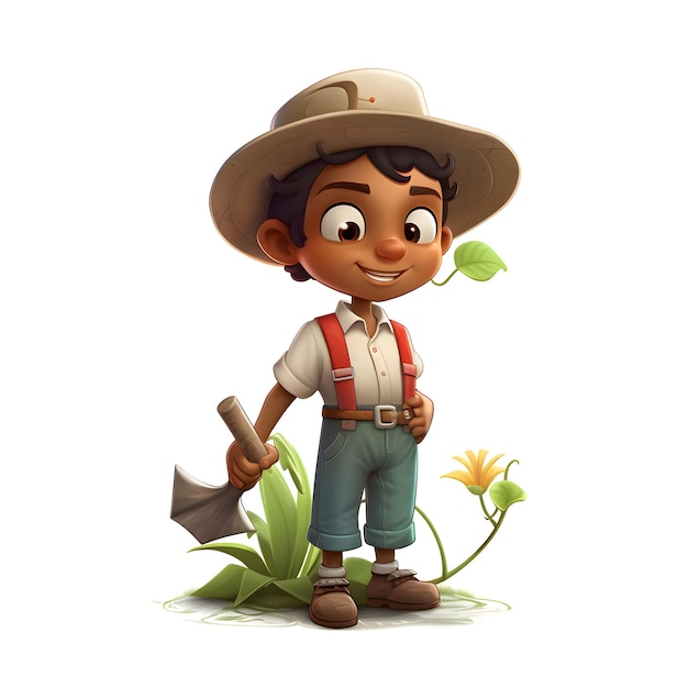 Render 3d de Little Boy con sombrero de safari con un hacha