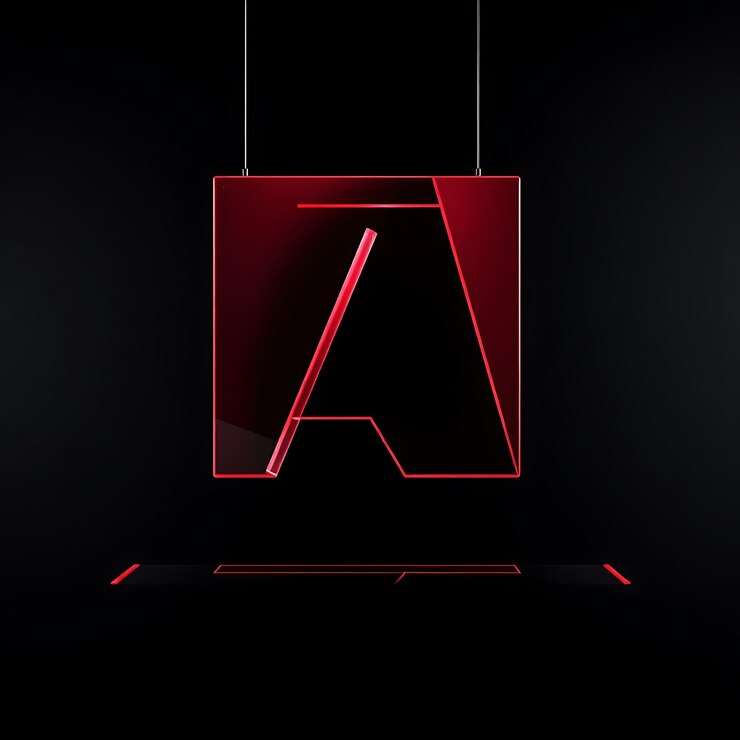 Foto render 3d logotipo de adobe tallado en vidrio translúcido de color rubí suspendido a un ángulo agudo de 50 grados