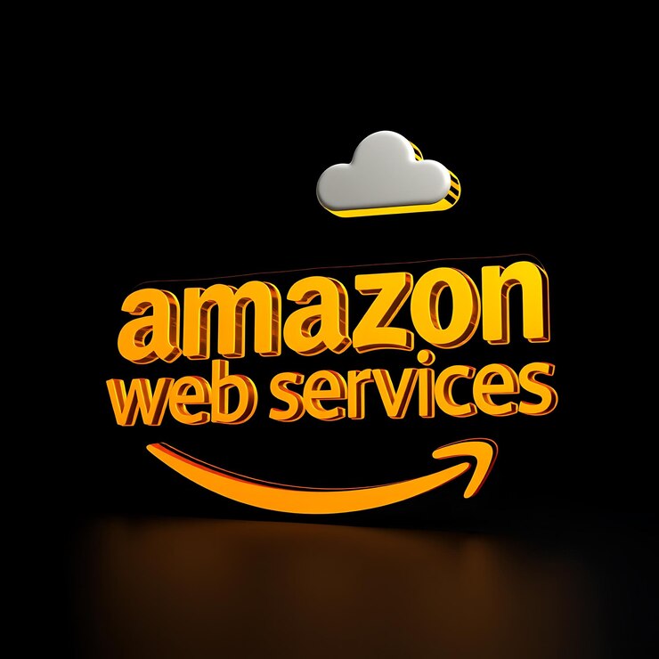 Foto render 3d el logotipo de amazon web services en relieve en resina de ámbar transparente inclinado en 40 grados neon y