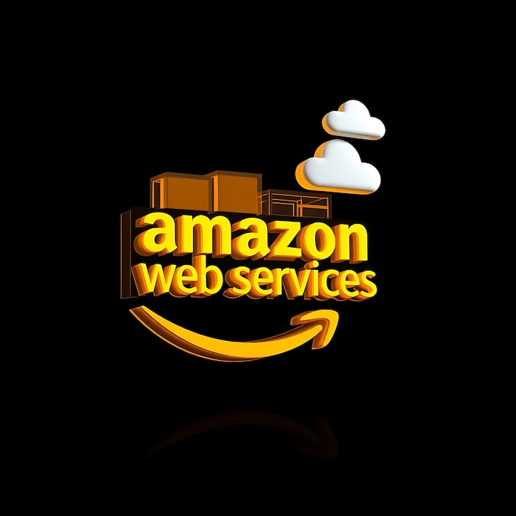 Foto render 3d el logotipo de amazon web services en relieve en resina de ámbar transparente inclinado en 40 grados neon y