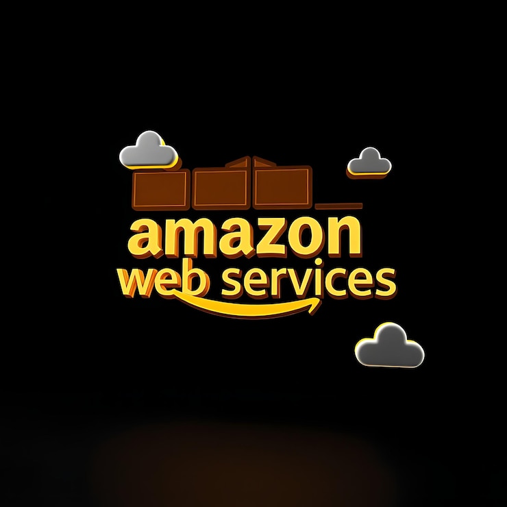 Foto render 3d el logotipo de amazon web services en relieve en resina de ámbar transparente inclinado en 40 grados neon y