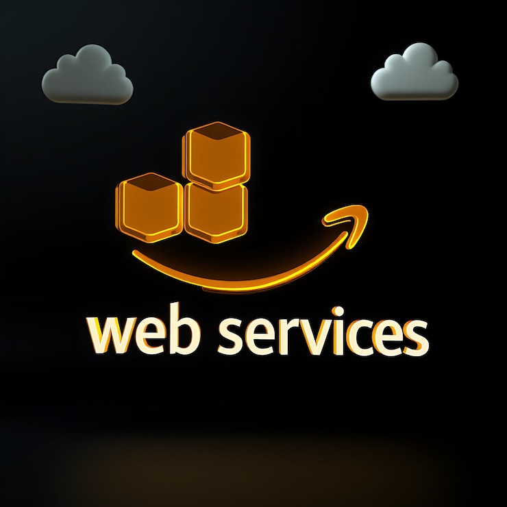 Foto render 3d el logotipo de amazon web services en relieve en resina de ámbar transparente inclinado en 40 grados neon y