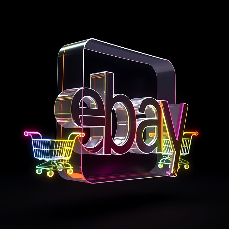 Foto render 3d logotipo de ebay grabado en vidrio prismático translúcido flotando con una vista lateral de 10 grados ne