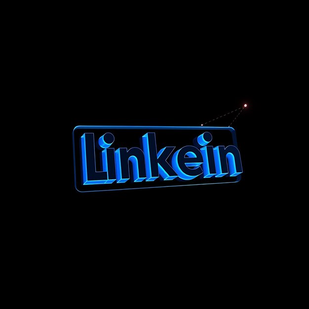 Render 3D Logotipo de Linkedin grabado en resina clara que se eleva suavemente a un ángulo de 30 grados Vea bordes azules de neón