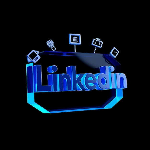 Render 3D Logotipo de Linkedin tallado en acrílico azul transparente inclinado a 20 grados bordes azul neón Hola