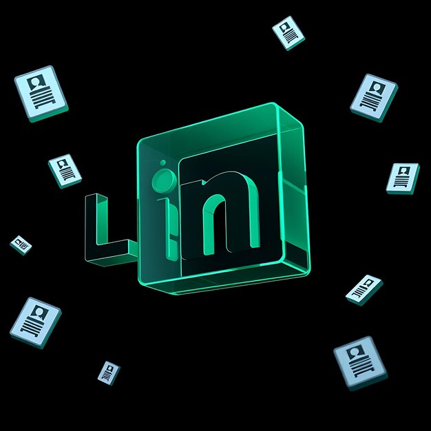 Render 3D Logotipo de Linkedin tallado en vidrio esmeralda flotando en un ángulo de 10 grados Líneas blancas de neón O