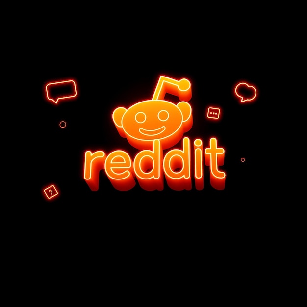 Render 3D del logotipo de Reddit extrudido en vidrio esmaltado naranja de neón flotando hacia adelante con una ligera inclinación
