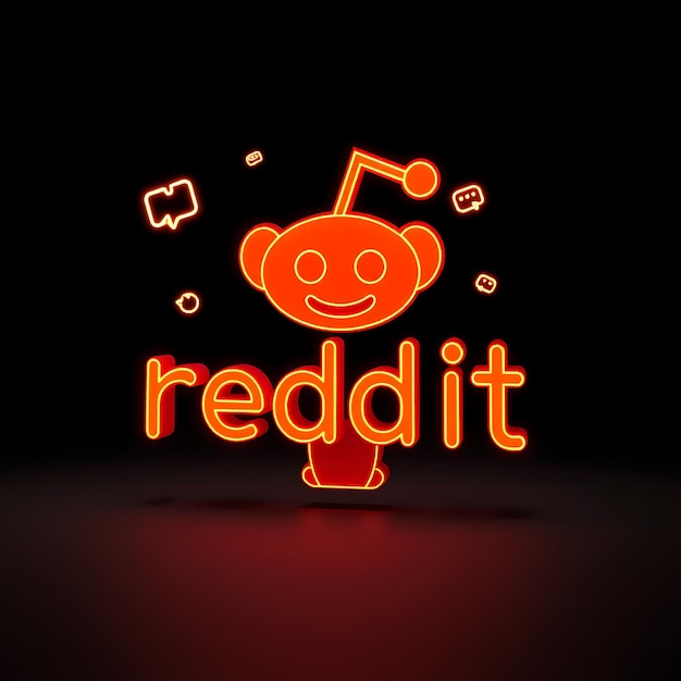 Render 3D del logotipo de Reddit extrudido en vidrio esmaltado naranja de neón flotando hacia adelante con una ligera inclinación