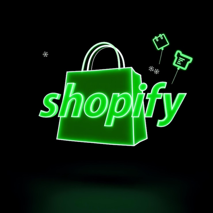 Foto render 3d logotipo de shopify grabado en vidrio verde congelado flotando en un ángulo de 15 grados neon white ou