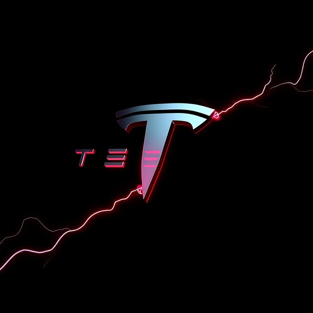 Render 3D Logotipo de Tesla grabado en acero translúcido girando suavemente en un ángulo diagonal Neon Red Li