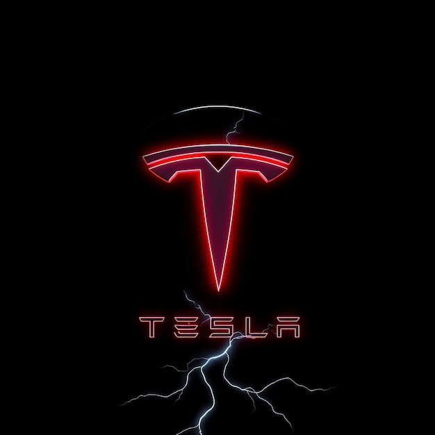 Render 3D Logotipo de Tesla grabado en acero translúcido girando suavemente en un ángulo diagonal Neon Red Li