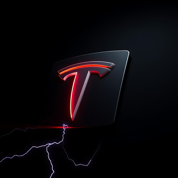Foto render 3d logotipo de tesla grabado en acero translúcido girando suavemente en un ángulo diagonal neon red li