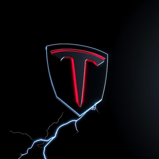 Render 3D Logotipo de Tesla grabado en acero translúcido girando suavemente en un ángulo diagonal Neon Red Li