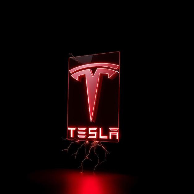 Render 3D del logotipo de Tesla grabado en un vidrio metálico de alta tecnología flotando verticalmente en un ángulo de 35 grados Ne