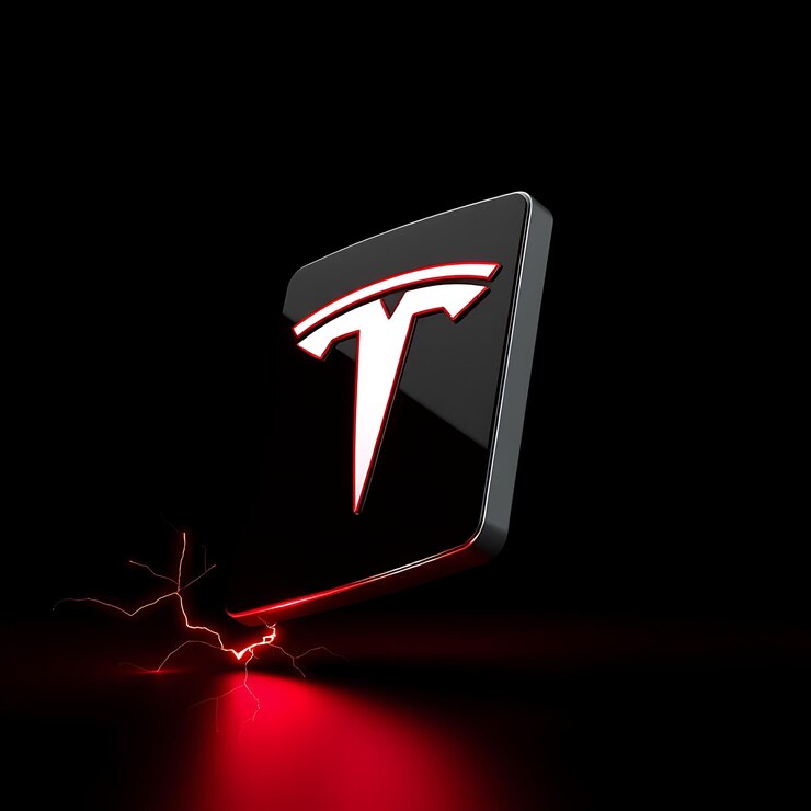 Foto render 3d del logotipo de tesla moldeado a partir de vidrio negro brillante flotando verticalmente en un ángulo agudo de 50 grados ne