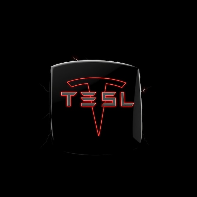 Render 3D del logotipo de Tesla moldeado a partir de vidrio negro brillante flotando verticalmente en un ángulo agudo de 50 grados Ne