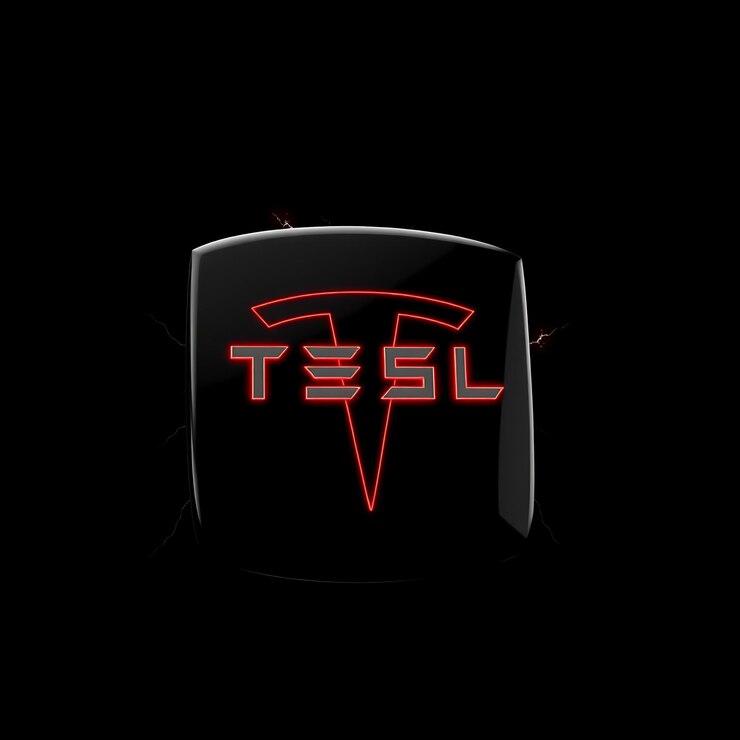 Foto render 3d del logotipo de tesla moldeado a partir de vidrio negro brillante flotando verticalmente en un ángulo agudo de 50 grados ne
