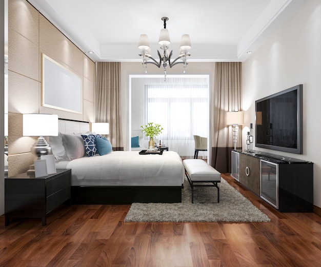 Render 3D de lujo moderno dormitorio suite en hotel