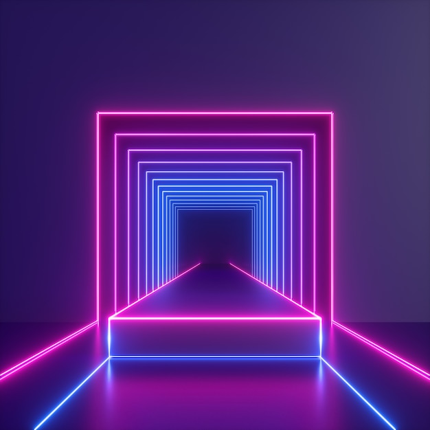 Render 3D de luz de neón abstracta con líneas brillantes y brillantes dentro del túnel cuadrado
