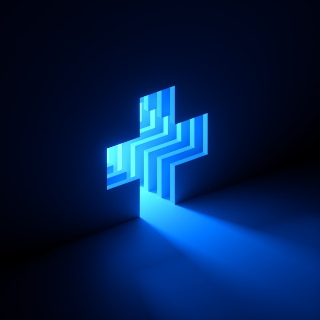 Render 3D de luz de neón azul que sale del agujero en la pared