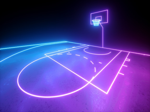 Render 3D, luz de neón brillante azul violeta, parte del patio de juegos virtual de baloncesto, esquema de campo deportivo, juego deportivo.