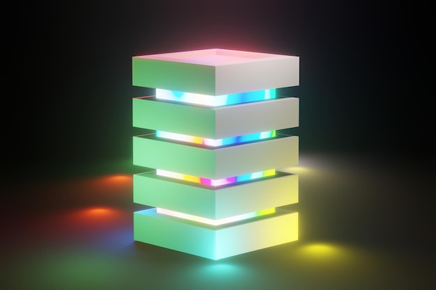 Render 3D de luz de neón RGB sobre fondo de oscuridad. Las líneas abstractas del láser se muestran por la noche. Escena de haz de espectro ultravioleta para maqueta y banner web.