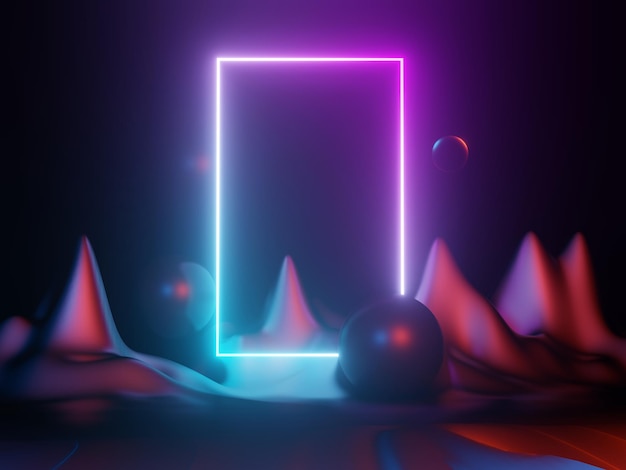 Render 3D de luz de neón RGB sobre fondo de oscuridad. Las líneas abstractas del láser se muestran por la noche. Escena de haz de espectro ultravioleta para maqueta y banner web.