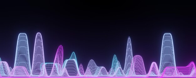 Render 3D de luz de neón RGB sobre fondo de oscuridad. Las líneas abstractas del láser se muestran por la noche. Escena de haz de espectro ultravioleta para maqueta y banner web.