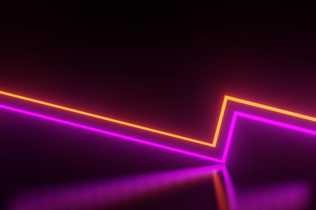 Render 3D de luz de neón RGB sobre fondo de oscuridad. Las líneas abstractas del láser se muestran por la noche. Escena de haz de espectro ultravioleta para maqueta y banner web.