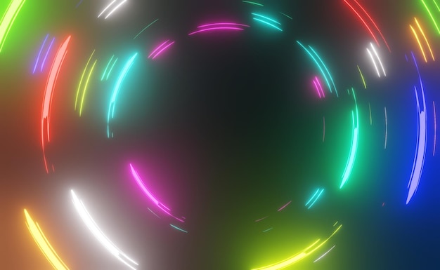 Render 3D de luz de neón RGB sobre fondo de oscuridad. Las líneas abstractas del láser se muestran en la noche. Escena de haz de espectro ultravioleta para maqueta y banner web.