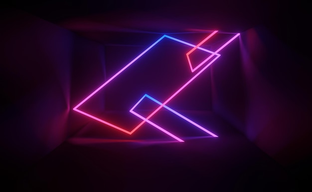 Render 3D de luz de neón RGB sobre fondo de oscuridad. Las líneas abstractas del láser se muestran por la noche. Escena de haz de espectro ultravioleta para maqueta y banner web.
