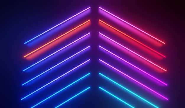 Render 3D de luz de neón RGB sobre fondo de oscuridad. Las líneas abstractas del láser se muestran por la noche. Escena de haz de espectro ultravioleta para maqueta y banner web.