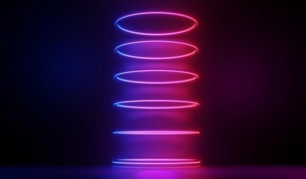 Render 3d de luz de neón RGB sobre fondo oscuro. Las líneas abstractas de láser se muestran por la noche. Escena de haz de espectro ultravioleta para maqueta y banner web.