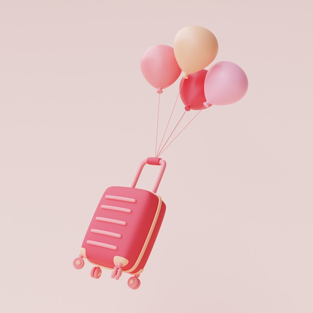 Render 3d de maleta rosa con flotador de globos aislado sobre fondo pastel, concepto de venta del día de san valentín, estilo minimalista.