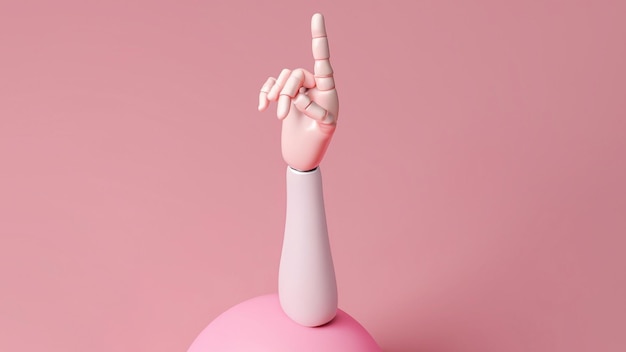 Render 3d maniquí mano dedo apuntando hacia arriba aislado en fondo rosa concepto de moda minimalista
