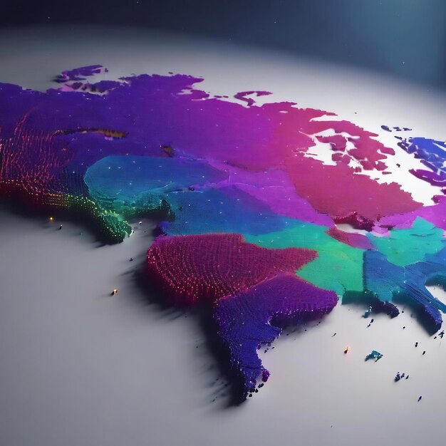 Render 3d mapa girado hecho de puntos concepto de mapa mundial tecnología de fondo con partículas