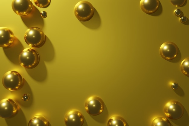 Foto render 3d de marco de bolas de perlas doradas sobre fondo dorado metálico para su proyecto de navidad